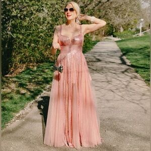 NWOT Azazie Pink Sequin Tulle Prom Dress